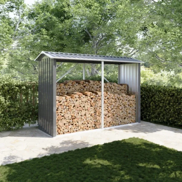 Leñera exterior de acero galvanizado negro (238x87x160 cm) con techo inclinado.